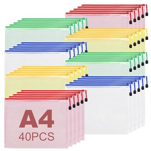 Texliney 40 Stücke Dokumententasche A4, Mesh Kunststoff Reißverschlusstasche, Datei Taschen mit Reißverschluss A4, Zipper Taschen für Datei, Dokumente, Schule, Zuhause, Büro, Reisen, Kosmetika