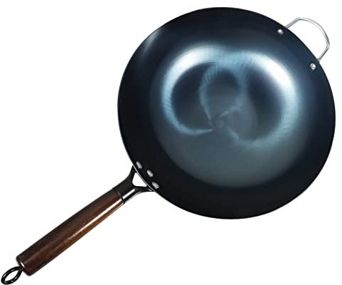 Wok Japonais en Acier au Carbone, Wok à Fond Rond, poêle antiadhésive en Bois, ustensiles de Cuisine Japonais Non revêtus, Wok robuste/603