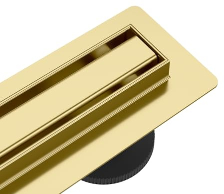 AQUAUNO Slim duschränna 90 cm guld – linjär golvbrunn i rostfritt stål AISI 304 med lock av rostfritt stål, 360° vridbar luktförslutning för golvsamma dusch
