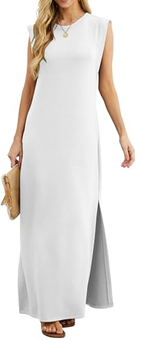 GRECERELLE Vestido Maxi de Verano para Mujer Vestido Casual Elegante Estilos Básicos Sin Mangas Vestidos Maxi para Mujer con Corte y Bolsillos, blanco, M