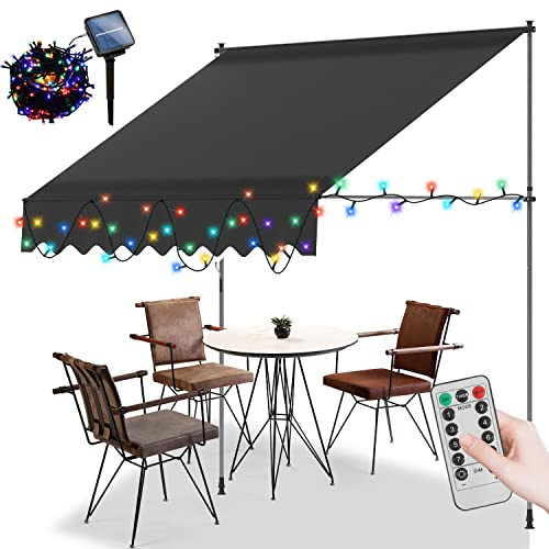 Daromigo Klemmmarkise mit Solar Bunt LED Lichterkette, 200x120cm Balkonmarkise ohne Bohren mit Handkurbel, Höhenverstellbar, UV-beständig Sonnenschutz, Terrassenüberdachung, Grau