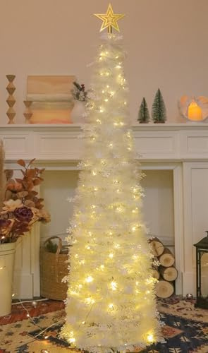 HMASYO Albero di Natale Artificiale Sottile 150cm a Paillettes Luccicante con Luci Integrate e Timer, Montaggio Istantaneo, Pieghevole - Decorazione per Interni Casa, Appartamento, Veranda, Feste