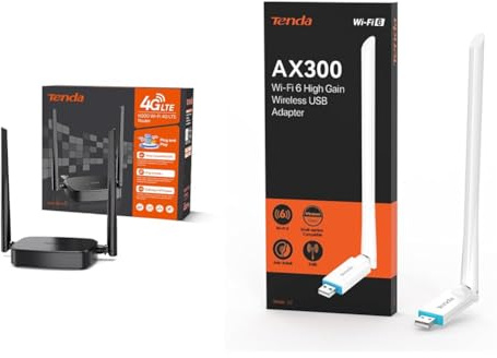 Bundle of Tenda Router 4G SIM 4G03 Pro - Mobile WiFi Router 3G/4G Wireless Band 2.4 GHz, Fast Ethernet LAN/WAN Port, 2 * 4dBi External Antenna, Plug and Play + Tenda AX300 Wi-Fi 6 Entry Level Only 2.4