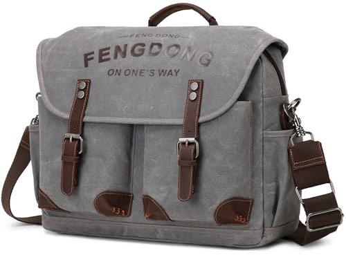 FENGDONG Messenger Bag Herren 15,6 Zoll Vintage gewachstes Segeltuch Echtleder Aktentasche Computer Laptop Tasche Satchel Umhängetasche, Grau