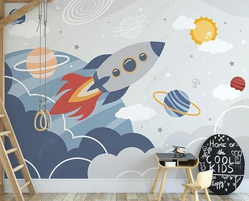Fototapete 3D Effekt 3D Tapete Weltraum Weltall Rakete Planet Kinder Fototapete Wandgemälde Vlies Wohnzimmer Schlafzimmer Flur Wanddekoration 400(W) X280(H) Cm