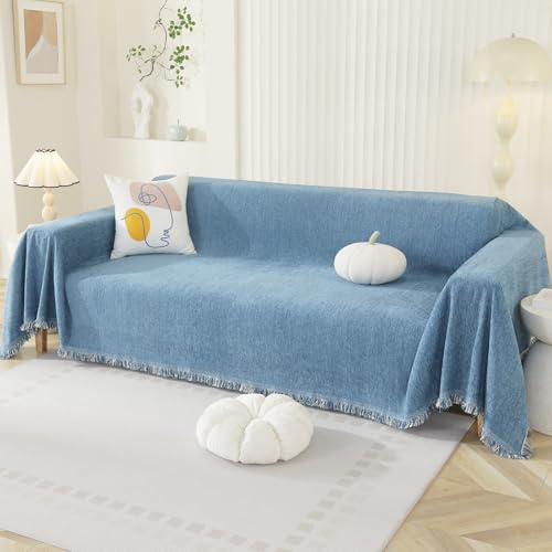 Royhom Sofa Überzug Chenille, Sofabezug L Form, Couch Überzug Ecksofa, Sofaüberwurf 2 Sitzer, Couch Überwurf mit Deko Quasten, Blau Sofa Überwurf(Saphirblau, 180x260cm)