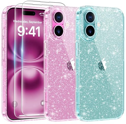 AROYI 3 in 1 Klar Glitzer Handyhülle Kompatibel mit iPhone 16 Hülle Glitzer mit 2 Stück Schutzfolie, Handyhülle Kompatibel mit iPhone 16 Transparent Weiche TPU Silikon Case [Anti-Yellowing]