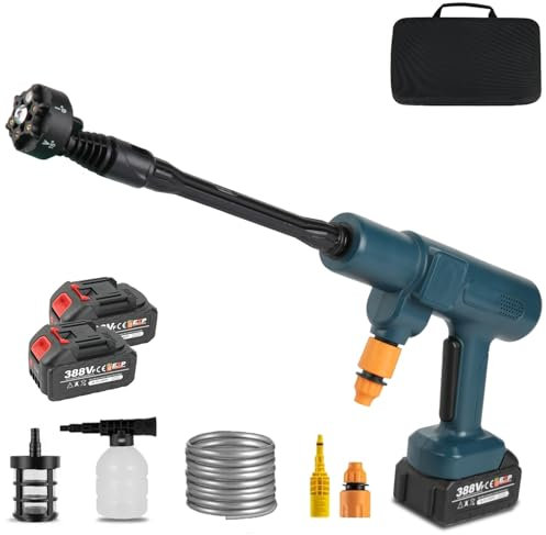 Akku Hochdruckreiniger, 18V Max 60Bar Tragbarer Hochdruckreiniger mit 10000mAh Akkus, 5m Schlauch, 6 in 1 Düse Hochdruck Wasserpistole für Auto, Terrasse, Fenster, Garten (2X 10000mAh)