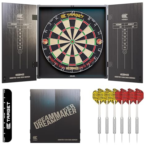 Target Darts Dimitri Van den Bergh Juego de Armario y Diana | Juego de Armario con Diana DVB Player Edition con 2 Juegos de Dardos con Punta de Acero, Tablas de Puntuación, Línea de Lanzamiento