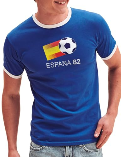 Camisetas EGB Camiseta Cuello Blanco ESPAÑA-82 Ochenteras 80´s Retro Comic Tallas Especiales (Azul, XL)