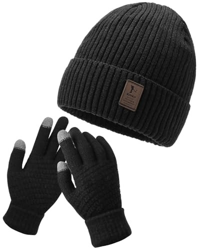 LOZTBUE 1 Stück Wintermütze für Herren, warme Strickmütze für Herren, warme Fleece-Laufmütze, Wintermütze für Damen, Unisex-Mütze mit 1 Paar Handschuhen