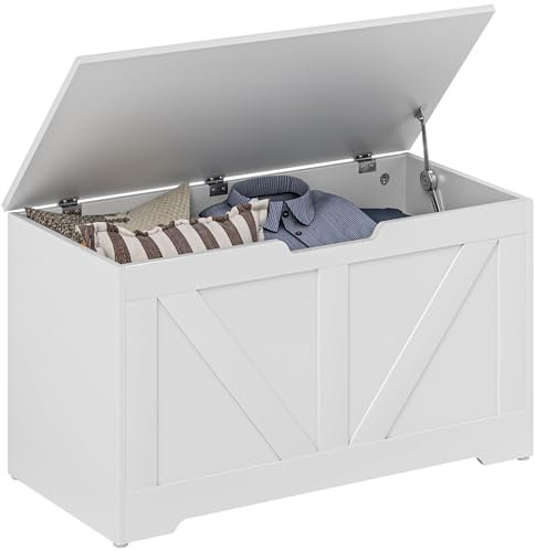 HOMCOM 100L Storage Chest, Storage Trunk with 2 Safety Hinges and U-shaped Cut-out Pull, Organiser Box for Living Room, Entryway, 80 x 40 x 45 cm, White Wood-Effect