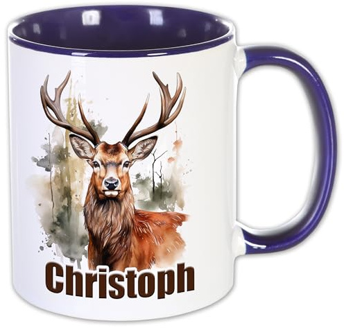 Unikatolo Tasse Hirsch mit Name personalisiert, Spülmaschinenfeste Keramiktasse, Kaffeepott als Geschenkidee für Kinder und Erwachsene, Männer, Jagd Wild Wald Naturfreund (Hirsch 2)