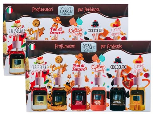 2x Confezione Regalo Da 6 Profumatori Ambiente Con Bastoncini Da 30ml, Con Fragranze Dolci: CHEESECAKE, Frutti Di Bosco-COOKIES-PAN DI ZENZERO- COTTON CANDY-CIOCCOLATO-CRÈME CARAMEL