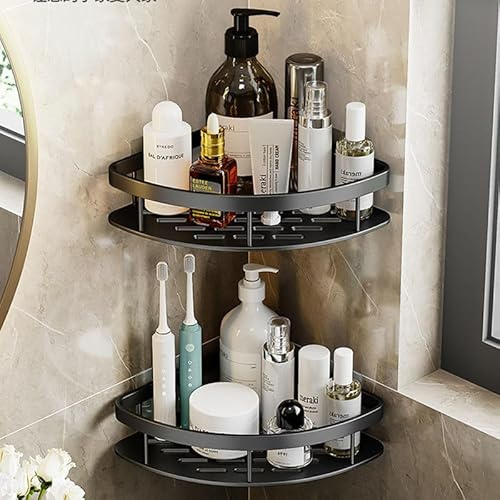 Duschregal Eck - Duschkorb mit Haken ohne Bohren, 2er Pack Aluminium Eckregal, Dreieck Badregal Organizer für Bad und Küche, Schwarz