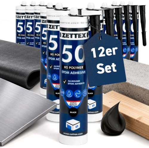 Zettex MS50 EPDM Abdichtungskleber – 12 x 290ml / elastischer EPDM Kleber für Dachabdichtungen/EPDM Folienkleber