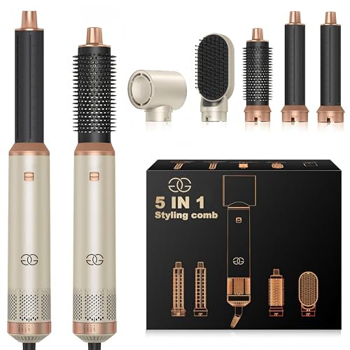 Airstyler 5-in-1 Lockenstab, Golden Goods Hairstyler Set mit Warmluftbürste, Glättbürste, 1000W Haartrockner, Geben Sie Volumen, Glätten, Locken und Föhnen, Rundbürstenföhn
