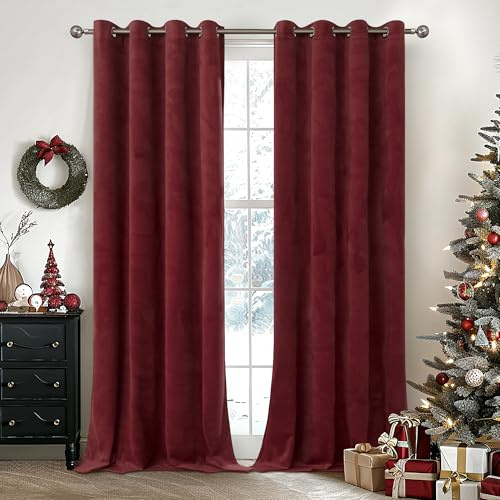YoungsTex Burgundy Velvet Blackout Curtains 90 Inches Length for Living Room, Room Darkening Window Drapes with Grommet Privacy Thermal Insulated for Sliding Door Bedroom, 2 Panels, 52 X 90 Inch