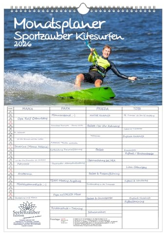 Sportzauber Kitesurfen Planer Familienplaner 4 Spaltenplaner DIN A3 Kalender für 2026 Surfer surfen - Set: 1x Kalender 1x Weihnachts- 1x Grußanhänger (3 Teile)