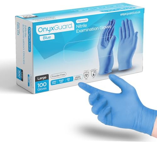 OnyxGuard Blue Premium Medical Nitrile Examination Gloves - Box of 100 Disposable, Powder-Free, Latex-Free, Multi-Purpose, Single-Use, Medical Use, Dentist Gloves. (Large)
