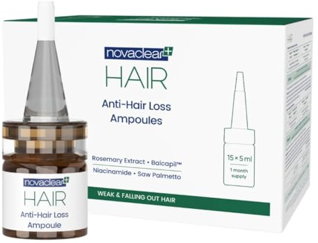 Novaclear Ampoules anti-chute de cheveux 15 x 5 ml - Traitement intensif contre la chute de cheveux avec Baicapil, romarin, palmier nain, bardane et ortie - Réduit la perte de cheveux et augmente la
