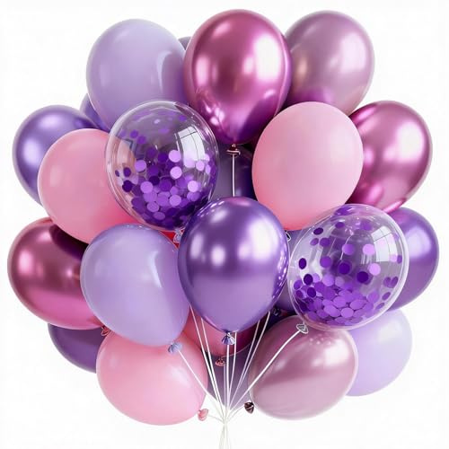 PartyWoo Pink and Purple Balloons 65pcs 12 Inch Baby Pastel Light Metallic Pink Light Purple Lavender Lilac Confetti Balloons for Baby Shower Princess Butterfly Birthday Party Decorations