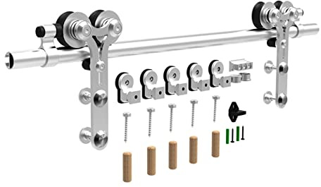 Barn Door Sliding Kit, 4FT-8FT Stainless Steel Sliding Barn Door Hardware Kit 122cm-240cm Rail System Industrial Track Y Roller Adjustable Floor Guide,Roller Door Hardware(5FT 153cm)