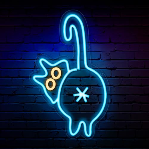 Retisee Cat Neon Sign LED Light with Adjustable Brightness USB Switch Cable Wall Decor Adorable Cat Neon Light Sign for Bedroom Zoo Restaurant Home Bar Wedding Birthday Party (Blue, White)