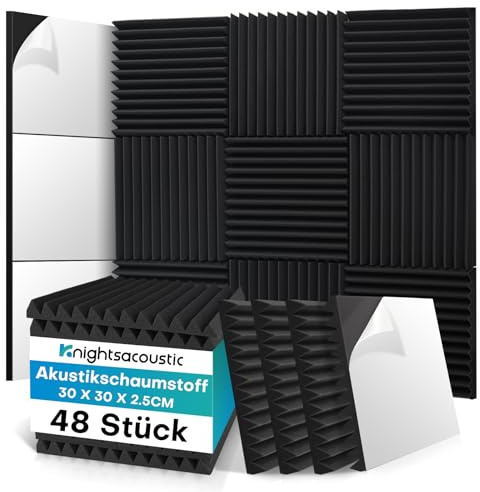 48 Stück Schalldämmung Akustikschaumstoff Selbstklebend, 2.5 X 30 X 30CM Schallschutzplatten, Akustik Schaumstoff, Schalldämmung Akustikpaneele für Tonstudio Podcasts Youtube-Zimmer