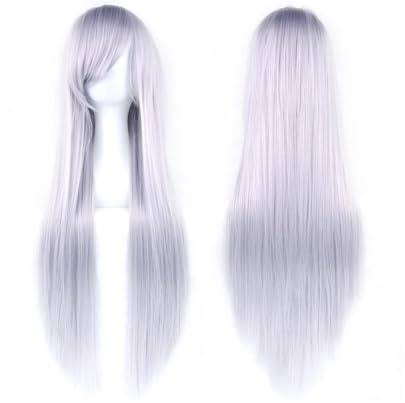 Peluca de 80 cm de largo, lisa, sintética, con flequillo para Halloween, pelo de anime para mujer, fiesta de disfraces, uso diario (gris lila)
