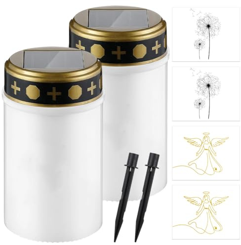Juego de 2 luces solares LED para tumbas con estaca, resistentes a la intemperie, para exteriores, velas de cementerio sin llama, velas para tumbas con batería, temporizador, farolillos solares