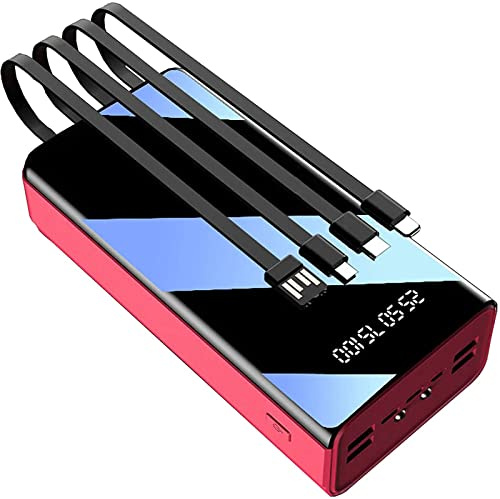 Power Bank 50000Mah per telefono, caricabatterie portatile a ricarica rapida, 4 cavi integrati, batteria esterna con torcia a LED e display LCD, 4 ingressi e 7 uscite, rosso