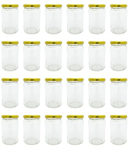 Bramley & Sage 24 x 375ml 1lb Round Glass Jam Jars with Gold Twist-Off Lids