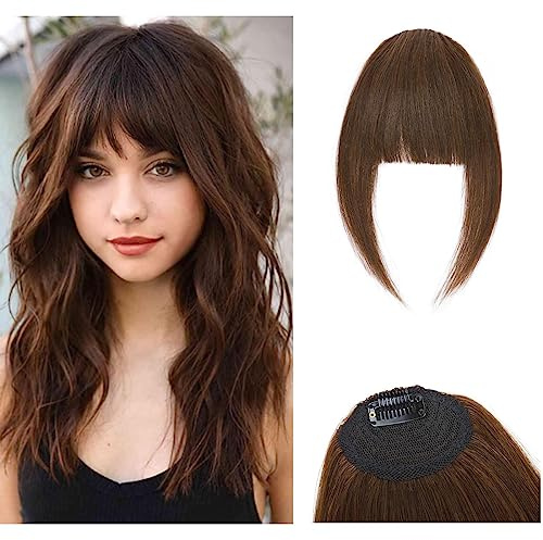 S-noilite Clip in Pony Echthaar Curved Bangs mit Schläfen - Clip in Bangs 100% Remy Haarteile Echthaar für Frauen 14g #4 Mittelbraun