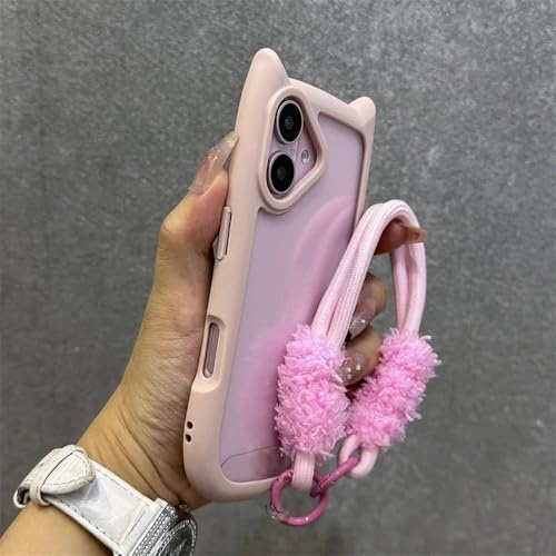 ZSUFCBF Custodia con cordino 3D a forma di orecchie di gatto per iPhone 16 Pro Max 12 13 14 15 Pro Max 16 Plus 12 13 Mini, con cinturino trasparente e bordo morbido, rosa, per iPhone 15