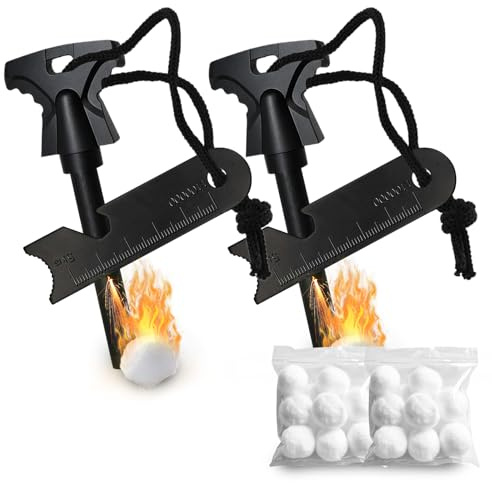 Vipuikos 2 Stück Feuerstein Survival - 6-in-1 Feuerstahl Outdoor - Magnesium Feuerstarter mit Feueranzünder mit 20 Wasserfeste Zunderkugeln und Stahlfeuerzünder für Camping, Wandern, Bushcraft