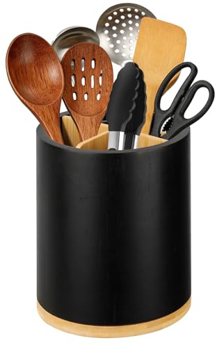 Mgrety Utensilienhalter, 360°Drehbarer Küchenutensilienhalter Runde Holz Vielseitigkeit Aufbewahrungsregal mit Abnehmbarer Trennwand, Schwarz Vintage Besteckhalter Organizer für Küche