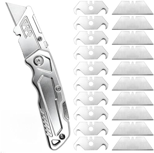 Cutter Professionnel Pliable en Aluminium, Cutter Lame Crochet pour Moquette et PVC, Verrouillage Latéral, Clip de Poche, 10 Lames Trapézoïdales + 10 Lames à Crochet, Argenté