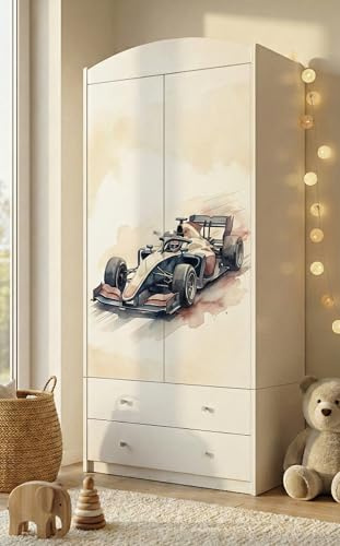 Happy Babies Kinderkleiderschrank mit bezauberndem Motiv – 2-türiger Schrank für Kinderzimmer inkl. 2 Schubladen, Kleiderstange & Einlegeböden, Weiß (88x187x54 cm) (nr 380)
