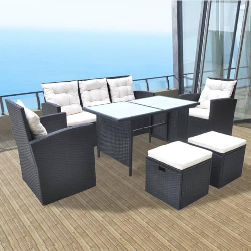 Gartenmöbel Set für 7 Personen aus Rattan PE schwarz, 1 Tisch mit Glasplatte, 1 Dreibettsofa, 2 Sessel, 2 Sitzhocker, 7 Sitzkissen und 5 Rückenlehne,
