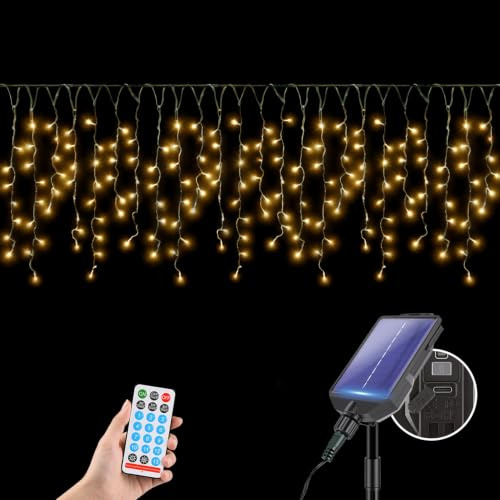 SALCAR 240 LED Solar Eisregen Lichterkette 7,8m mit Fernbedienung | 13 Modi, Dimmbar, Wasserdicht Lichtervorhang Outdoor für Garten Balkon Pavillon Terrasse Fenster Party, Warmweiß