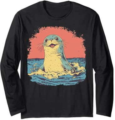 Happy Seal Surfing Waves Vintage Ocean Life Graphic Long Sleeve T-Shirt