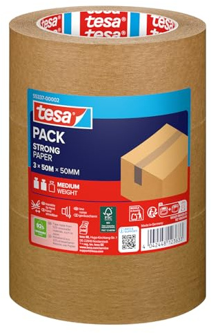 tesa tesapack STRONG PAPER Paketklebeband - 50 m x 50 mm - braun - 3 Rollen | Von Hand einreißbares Packband aus Papier - Papierklebeband für mittelschwere Pakete - aus 92 % erneuerbaren Materialien