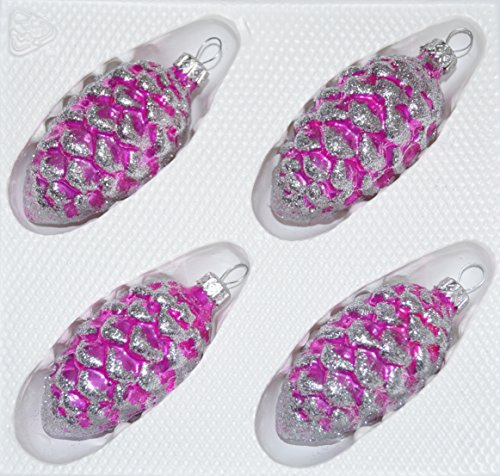 4 TLG. Glas-Tannenzapfen Set in Hochglanz-Pink-Silberne-Ornamente - Neuheit - Christbaumkugeln - Weihnachtsschmuck-Christbaumschmuck