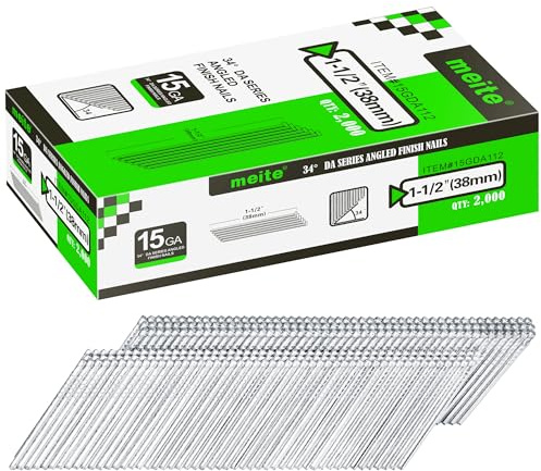 meite Gewinkelte Stauchkopfnägel 15 Gauge 38 mm, 34 Grad Typ DA Finishnägel, Verzinkt Nägel für Nagelpistole, Ideal für Fensterrahmen, Schrankbau & DIY-Projekte (2.000 Stück)
