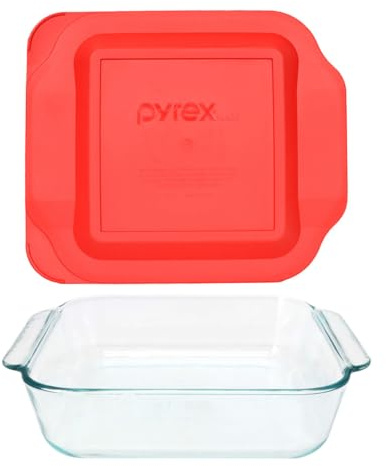 Pyrex 8 Inch Square Baking Dish with Red Lid Earplug, 15 cm, Black | Square Shape | BPA-Free Plastic Cover | Basics | Top-Rack Dishwasher Safe | Easy To Clean