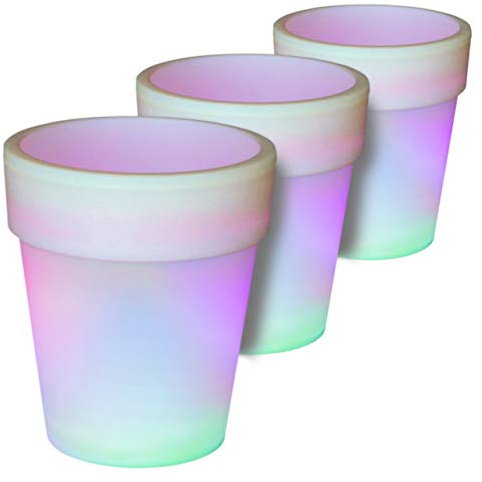 Nexos Trading 3er Set Solar Blumentopf Pflanzkübel mit 3 LED – 19 x 17 cm – Kunststoff weiß – mit Akku Wasserablauf Dämmerungssensor – Farbwechsel bunt