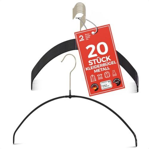 MAWA Kleiderbügel Light, Set mit 20 platzsparenden und rutschfesten Bügeln, ideal für T-Shirts, Tops und leichte Pullover, mit 360° drehbarem Haken und Antirutschbeschichtung, 40 cm, Schwarz