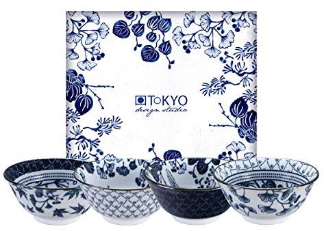 TOKYO design studio Flora Japonica 4-er Schalen-Set blau-weiß, Ø 14,8 cm, 7 cm hoch, ca. 500 ml, asiatisches Porzellan, Japanisches Blumen-Design, inkl. Geschenk-Verpackung
