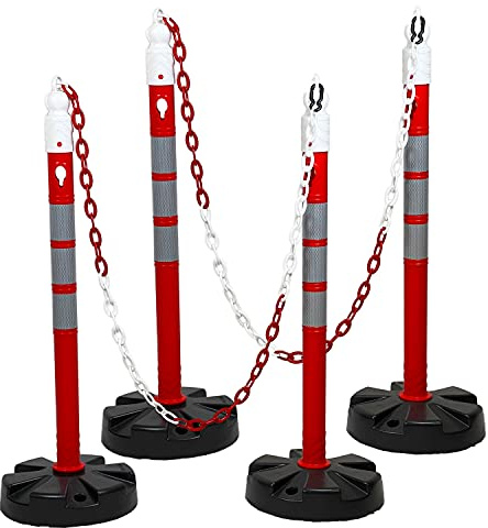 UvV Kettenpfosten 1 Meter hoch 63 mm breit rot reflektierend RA2B inkl. Absperrkette extra stabil und schwer für sicheren Stand (4 Pfosten Set mit 10 m Kette)